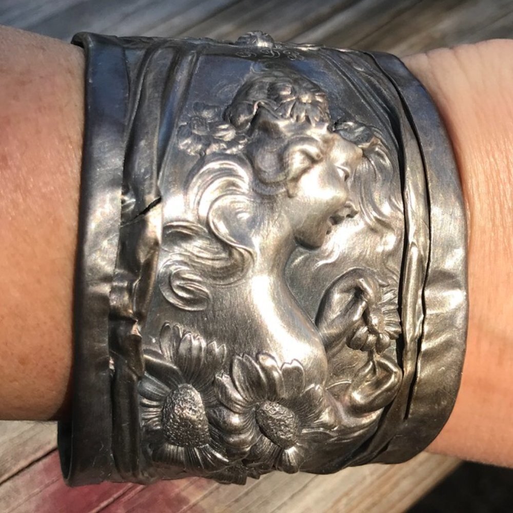 Antique Unger Bros He Loves Me Art Nouveau Sterling Silver 925 Cuff Bracelet